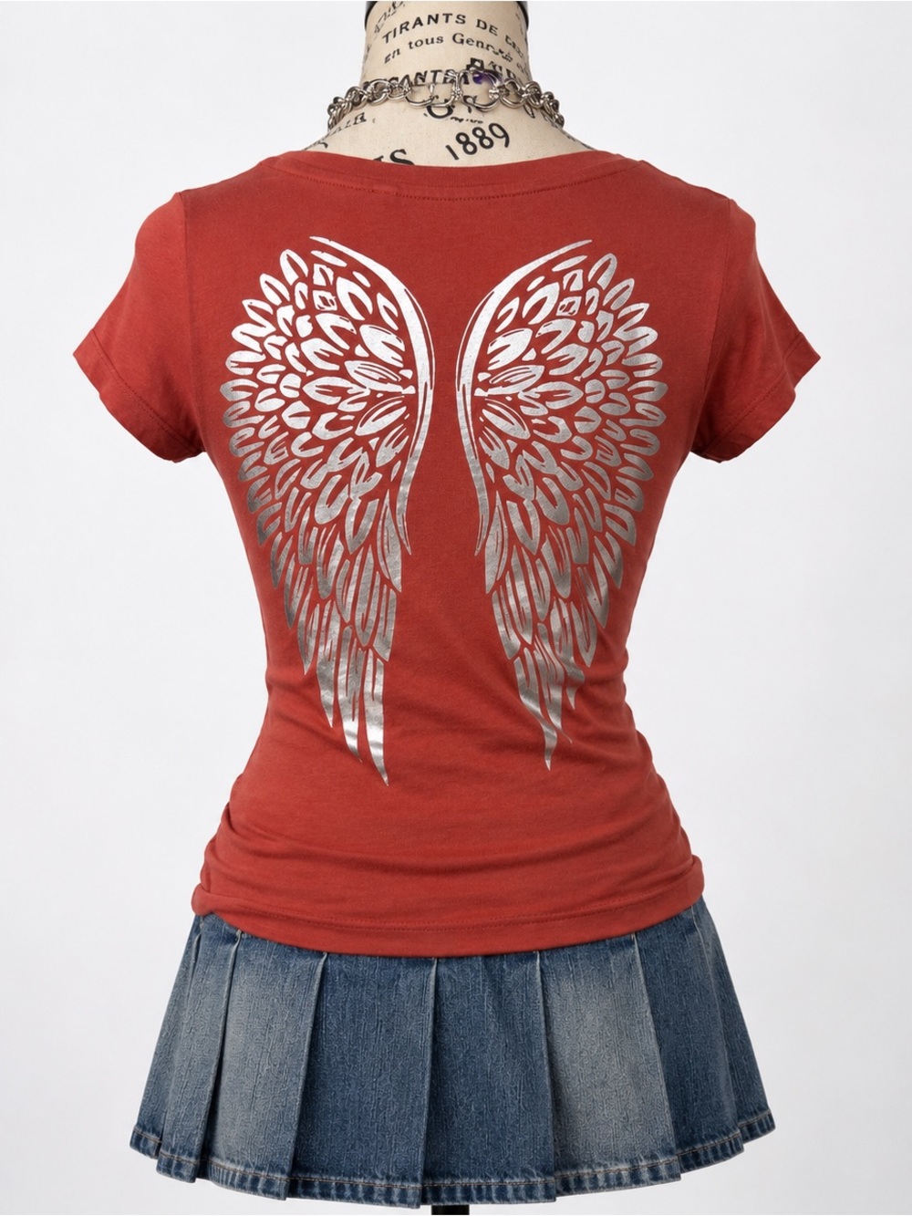 Guess Rust Red Short Sleeve Tee with Silver Wing Graphic